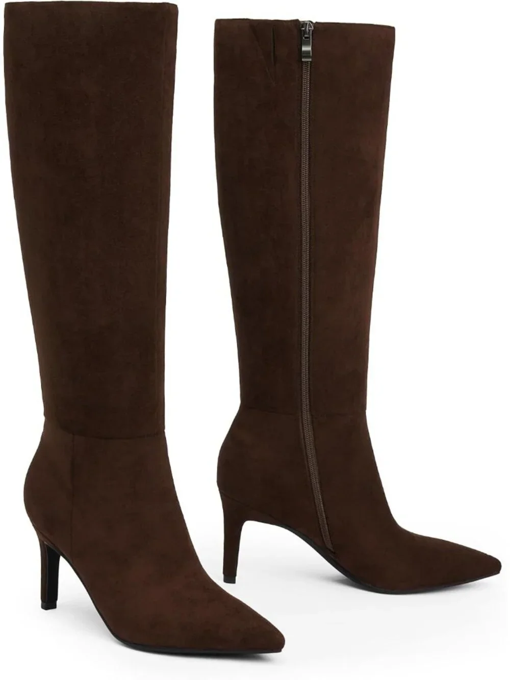 Women Dark Brown Suede Pointed Toe Faux Leather Stiletto Heel Over The Knee Boot